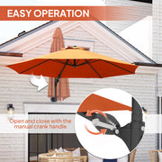 Orange 3 Metre Wall Mounted Garden Parasol with Easy Crank Handle for Shade by Outsunny