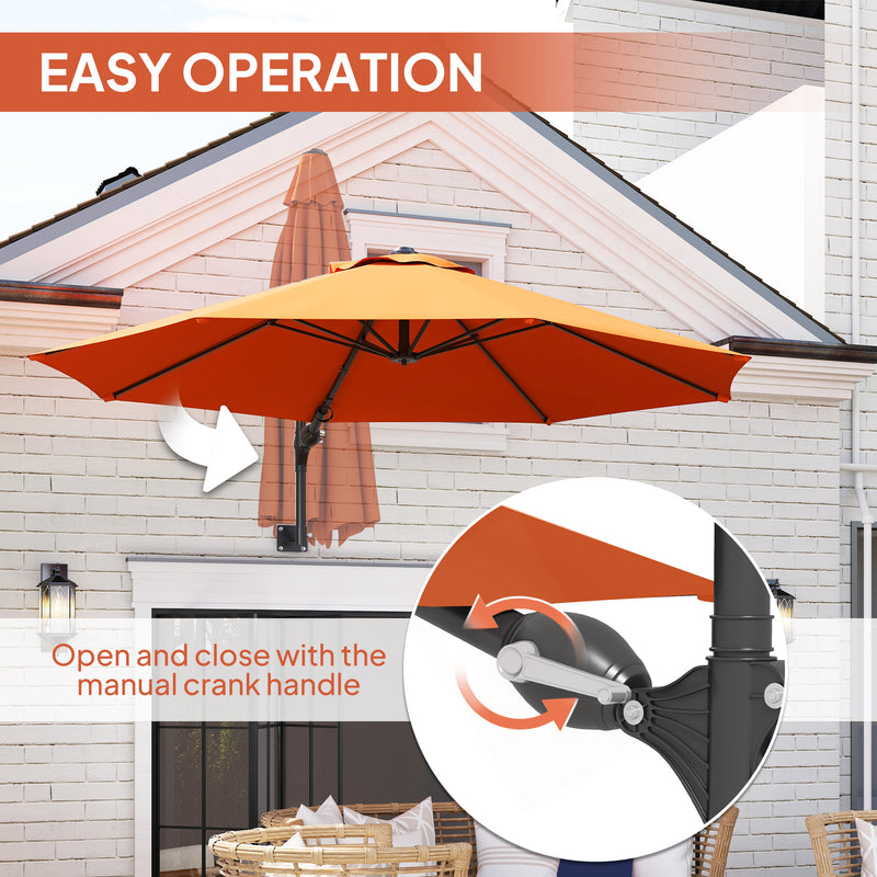 Orange 3 Metre Wall Mounted Garden Parasol with Easy Crank Handle for Shade by Outsunny