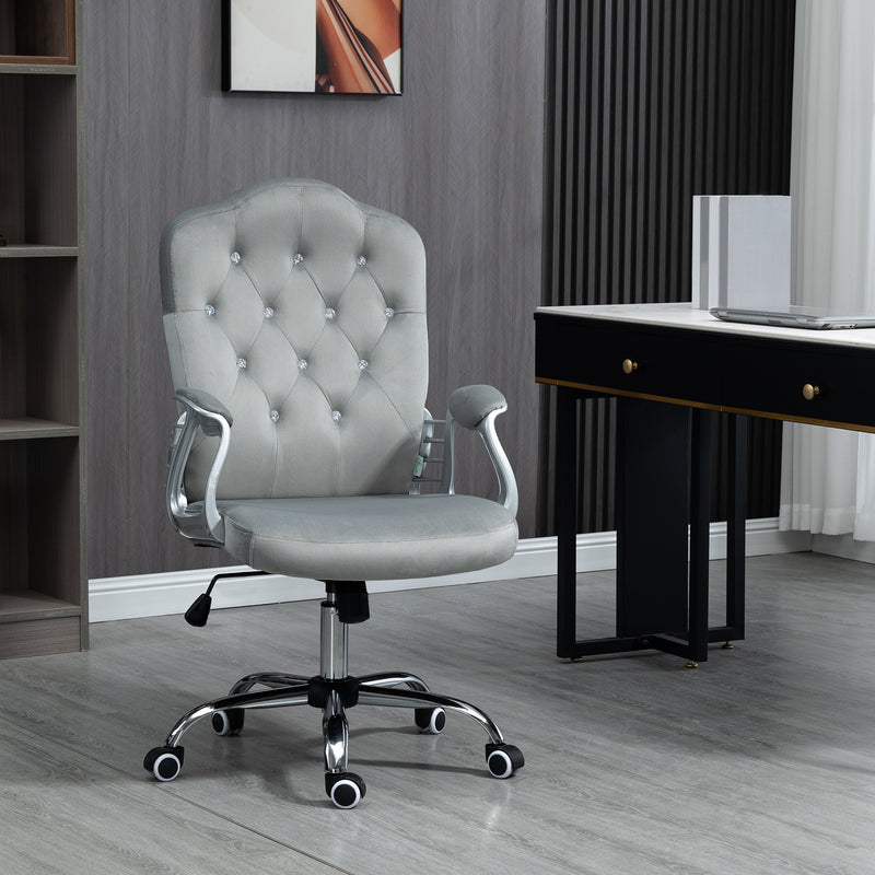 Velvet Feel Office Chair With Diamante Button Backrest For Home Or Desk Use, Grey