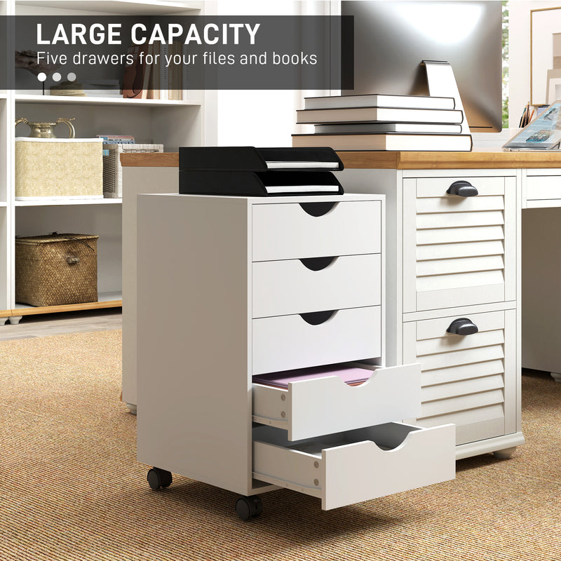 White 5 Drawer Mobile Filing Cabinet with Wheels for Office Storage by Outsunny AOSOM