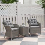 3 Piece Rattan Bistro Set with Cushions and Glass Table for Garden and Balcony Light Grey by Outsunny