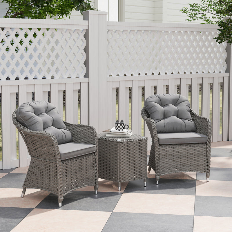 3 Piece Rattan Bistro Set with Cushions and Glass Table for Garden and Balcony Light Grey by Outsunny