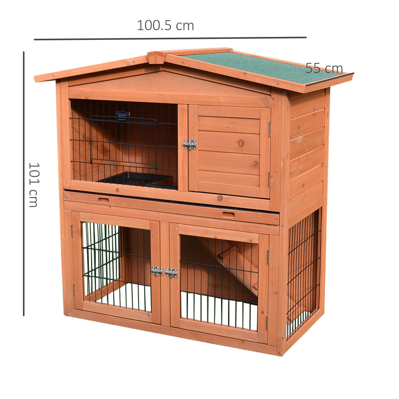 2 Tier Wooden Rabbit Hutch With Slide Out Tray And Ramp For Indoor Or Outdoor Use Brown