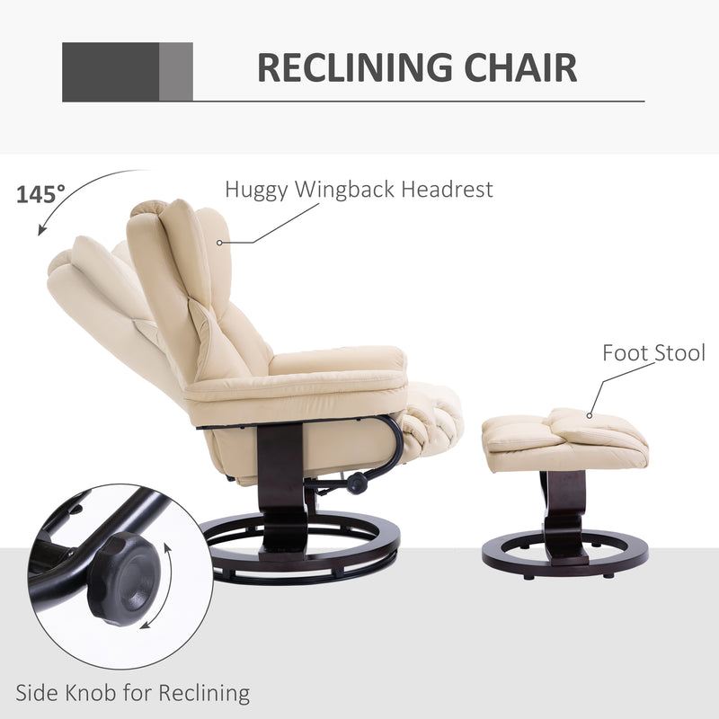 Recliner Chair and Footstool Set with Swivel Base and Adjustable Backrest for Lounge Cream