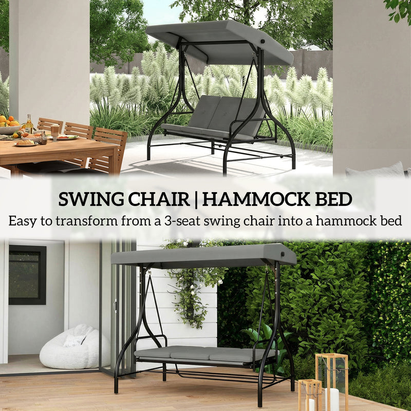 3 Seater Garden Swing Seat with Adjustable Canopy and Fold Flat Bed for Outdoor Relaxing Light Grey Outsunny