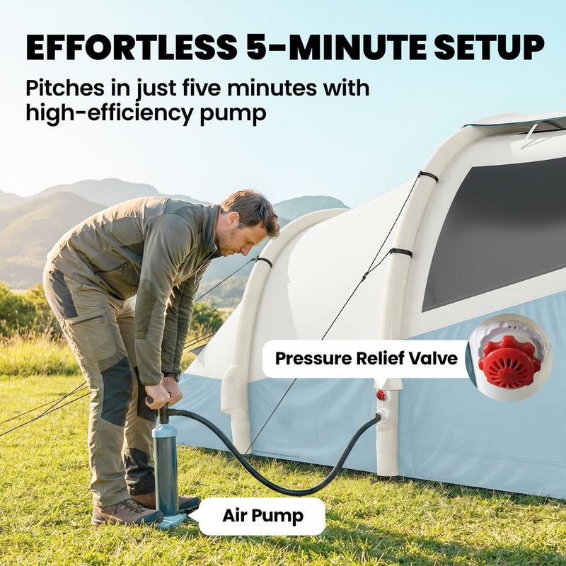 Inflatable Camping Tent for 2 to 3 People with Fast 5 Minute Setup and Two Rooms Light Blue