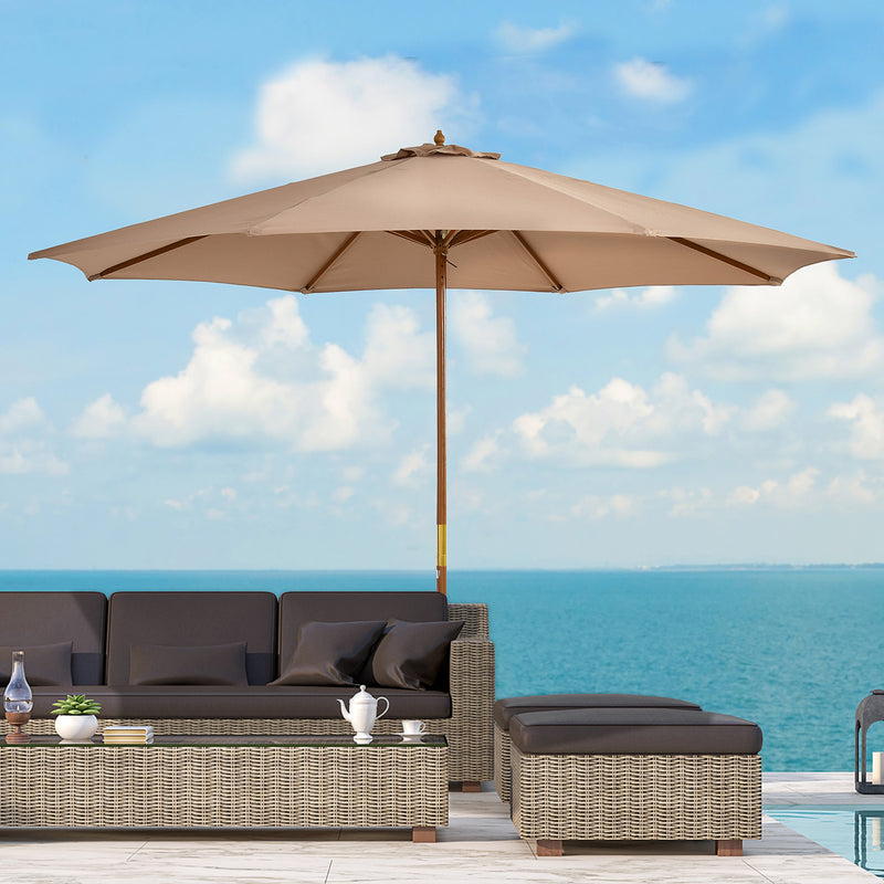 3m Wooden Garden Parasol with 8 Ribs for Outdoor Patio Sun Shade Shelter Khaki AOSOM
