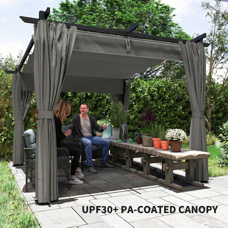 3x3m Metal Retractable Pergola With Side Curtains for Flexible Outdoor Shade, Grey