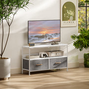 White TV Stand Cabinet with 2 Foldable Fabric Storage Drawers for Living Room or Bedroom