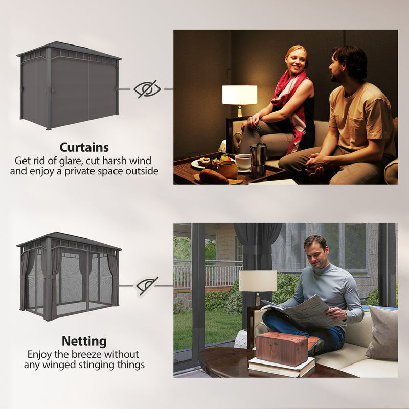 2x3.5m Metal Garden Gazebo with Privacy Curtains and Insect Nets for Year Round Outdoor Shelter, Dark Grey