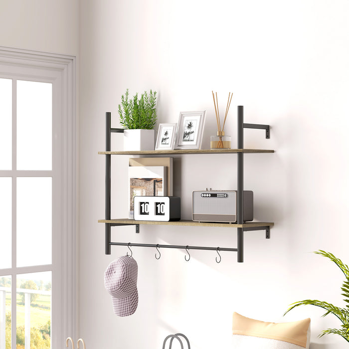 Grey Wall Mounted Floating Shelf With 4 Hooks for Living Room or Entryway by HOMCOM
