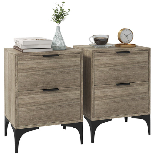 Set of Two Wooden Bedside Tables with Storage for Bedroom or Guest Room, Oak Colour
