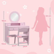 Kids Dressing Table Set with Mirror Stool and Storage Drawers Ideal Gift for Ages 3 to 8 Years, Pink