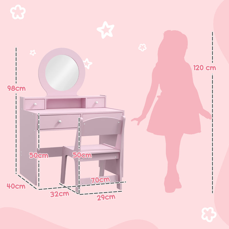 Kids Dressing Table Set with Mirror Stool and Storage Drawers Ideal Gift for Ages 3 to 8 Years, Pink