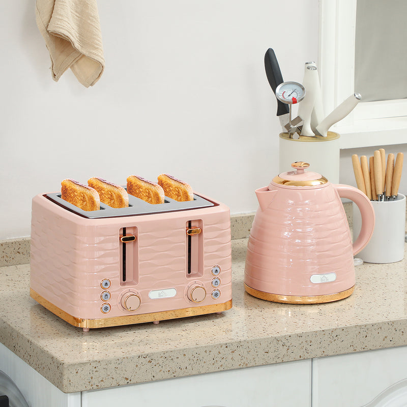 3000W Kettle and 4 Slice Toaster Set with 7 Browning Levels and Crumb Tray, Light Pink