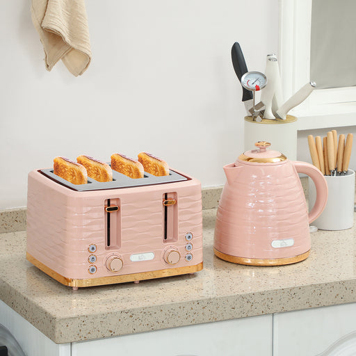 3000W Kettle and 4 Slice Toaster Set with 7 Browning Levels and Crumb Tray, Light Pink