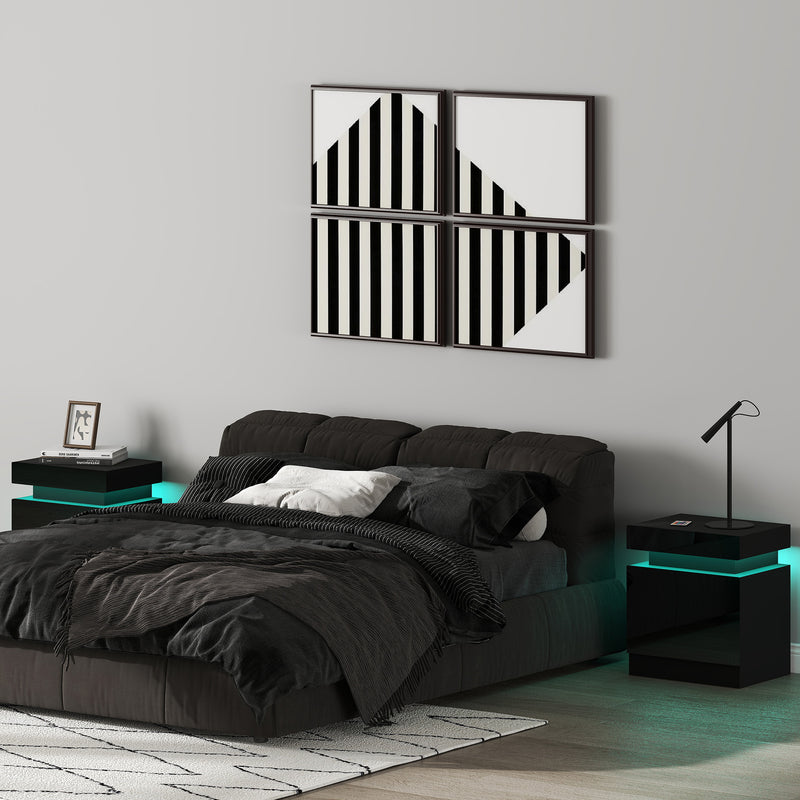 HOMCOM High Gloss Front Bedside Tables Set of 2, Nightstands with RGB LED Light and 2 Drawers, Chest of Drawers for Bedroom, Living Room, Black AOSOM