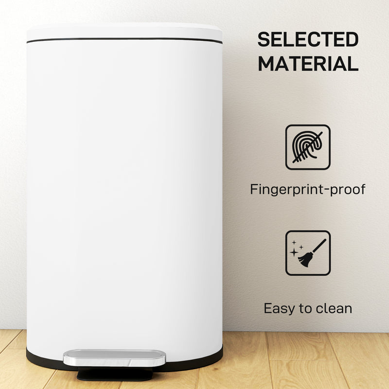 White 30L Curved Kitchen Pedal Bin With Soft Close Lid Ideal for Home or Office Use