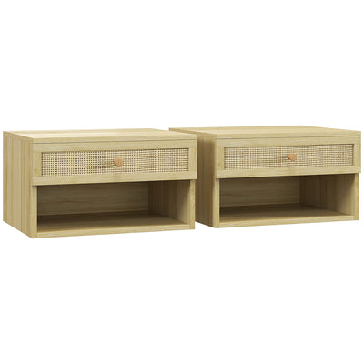 Set of 2 Wall Mounted Bedside Tables with Rattan Panels for Bedroom Storage Wood Effect