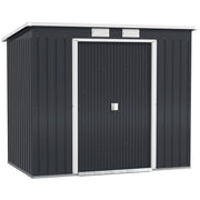 Dark grey 7x4ft Outsunny metal garden shed with pent roof and closed double sliding doors