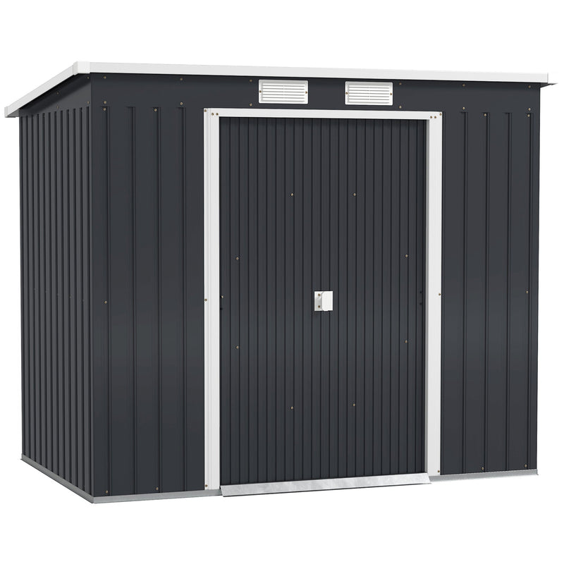 Dark grey 7x4ft Outsunny metal garden shed with pent roof and closed double sliding doors