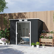 Outsunny 7x4ft pent roof shed on a patio with sliding doors open and a wheelbarrow inside