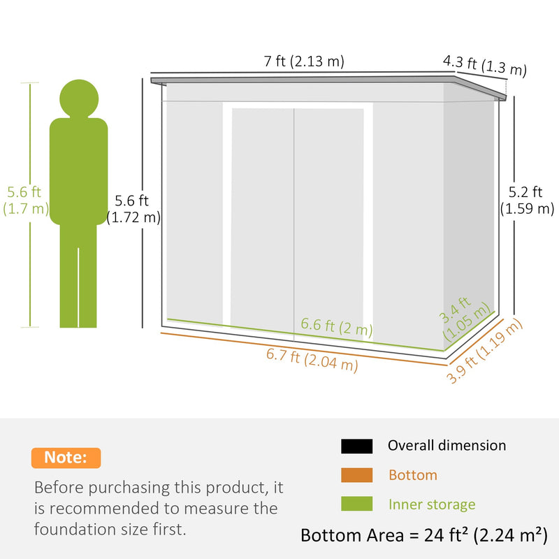 Dimension diagram showing the shed at 213 x 130 cm and 172 cm sloping to 159 cm high