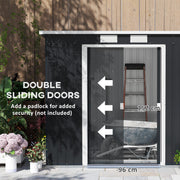 Open sliding doors of the grey shed showing the 96 by 152 cm opening and padlock point