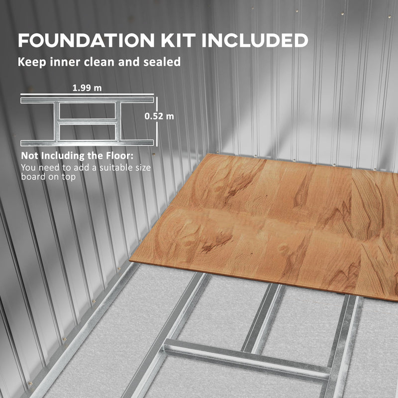 Foundation kit diagram showing the 199 x 52 cm steel frame, floor board not included