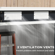 Close-up of the two white ventilation vents fitted below the shed roof line