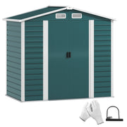 Outsunny 7x4ft green metal garden shed with the double sliding doors closed, shown with the supplied padlock and gloves