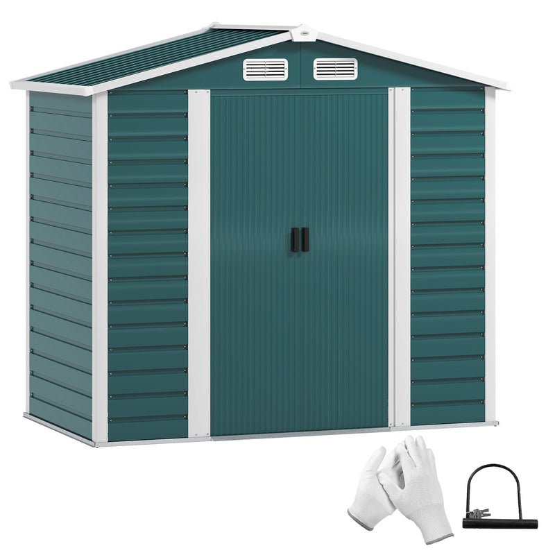 Outsunny 7x4ft green metal garden shed with the double sliding doors closed, shown with the supplied padlock and gloves