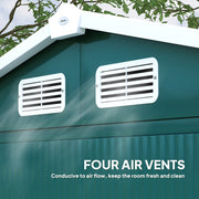 Close-up of the green shed's apex roof ridge cap and two white louvred air vents