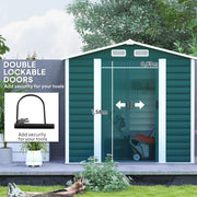 Green shed front with the padlock shown and the 0.93m wide by 1.58m high sliding door opening marked