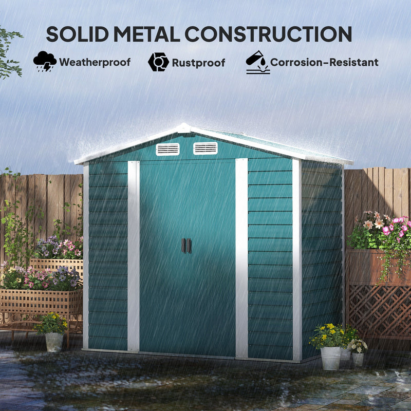 Green metal shed standing in heavy rain, illustrating the weatherproof, rustproof steel construction