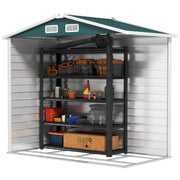 Cut-away view inside the green 7x4ft shed showing the open steel base frame and headroom under the apex roof