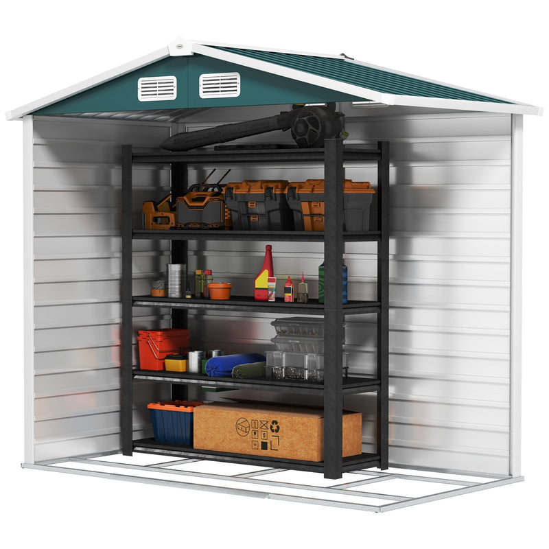 Cut-away view inside the green 7x4ft shed showing the open steel base frame and headroom under the apex roof