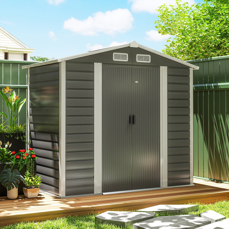 Dark grey 7x4ft Outsunny apex roof metal garden shed with closed double sliding doors