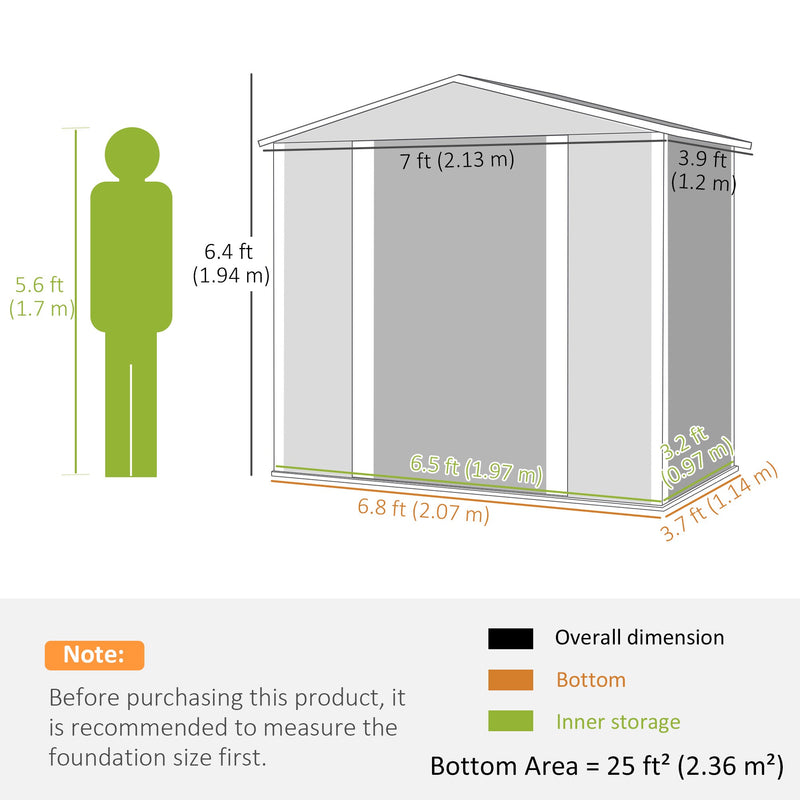 Dimension diagram showing the shed at 213 x 120 cm and 194 cm high to the roof ridge
