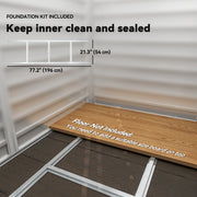 Foundation kit diagram showing the 196 x 54 cm steel frame, floor board not included