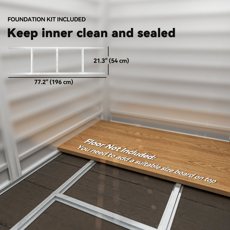 Foundation kit diagram showing the 196 x 54 cm steel frame, floor board not included