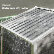 Rain running off the pitched apex roof of the dark grey metal garden shed