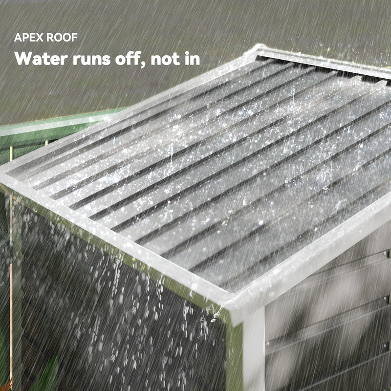 Rain running off the pitched apex roof of the dark grey metal garden shed