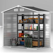 Cutaway of the shed interior with tools and boots on shelving, shelving not included
