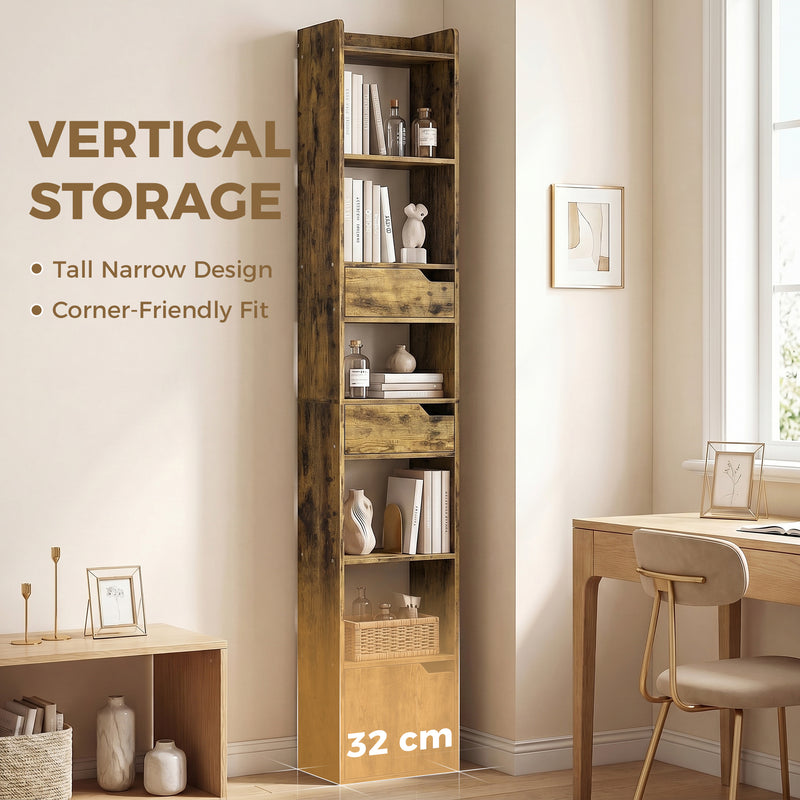 Slim Bookcase with Shelves Drawers and Cabinet for Small Spaces Rustic Brown