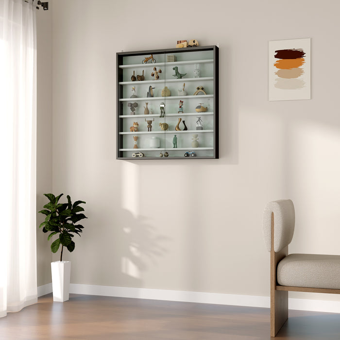 Black and White 7 Tier Wall Display Cabinet with Glass Doors and Adjustable Shelves by HOMCOM