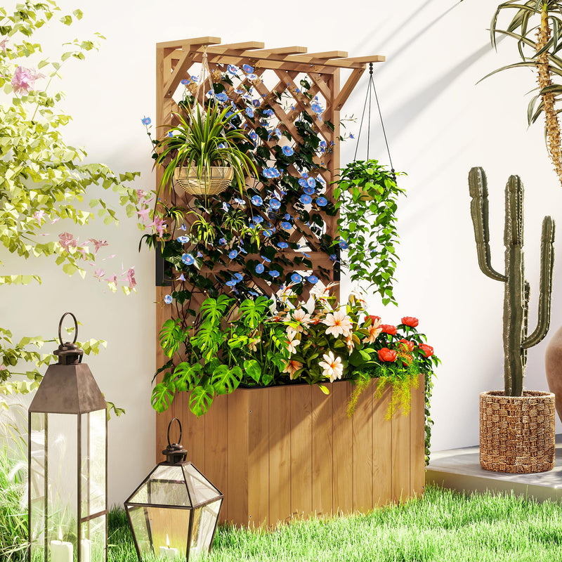 Wooden Planter with Trellis Raised Garden Bed with Liner for Vegetables and Flowers by Outsunny