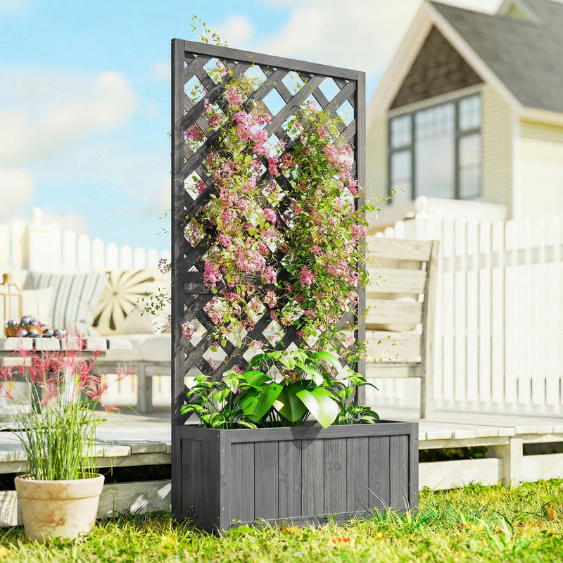 Wooden Planter Box with Trellis for Climbing Plants and Herbs Outdoor Grey