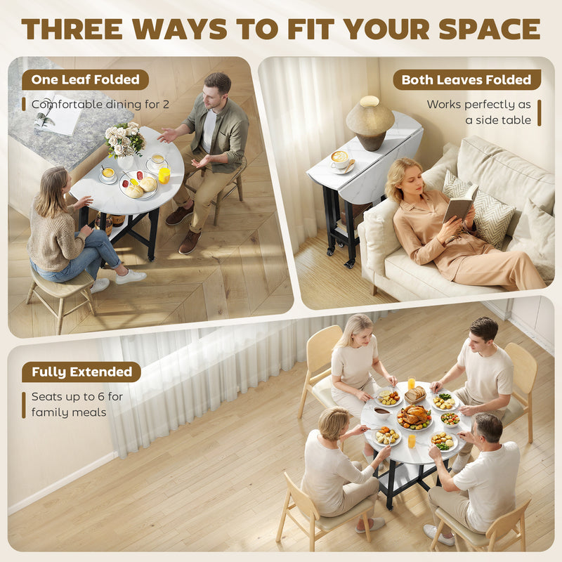 Folding Dining Table with Storage Shelf for Small Spaces on Wheels White Marble AOSOM