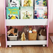 3 Tier Kids Bookshelf With Toy Storage And Wheels For Bedroom Or Playroom Pink AOSOM